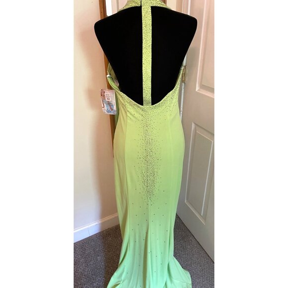 New Niki Livas Lime Green Evening Dress Gown Sz 12 Rhinestone Halter Open Back - Picture 3 of 13